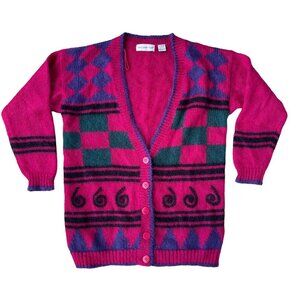 💖 Vintage Paris Sport Club Mohair Pink Graphic Knit Cardigan Sweater SZ S